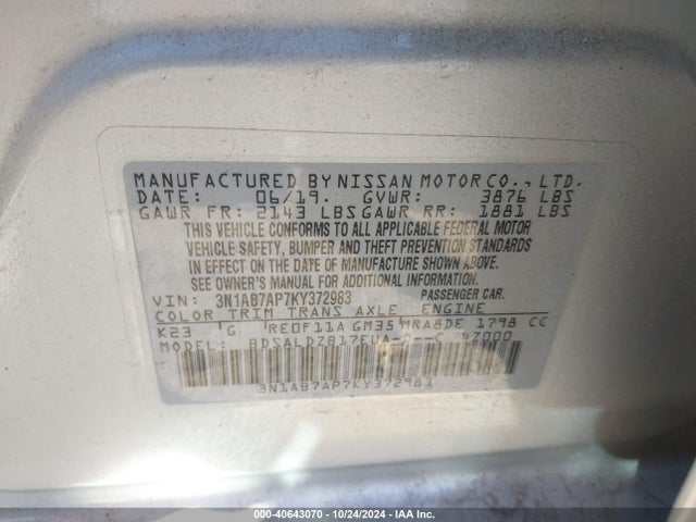 Nissan SENTRA SV 2019 3N1AB7AP7KY372983 Image 9