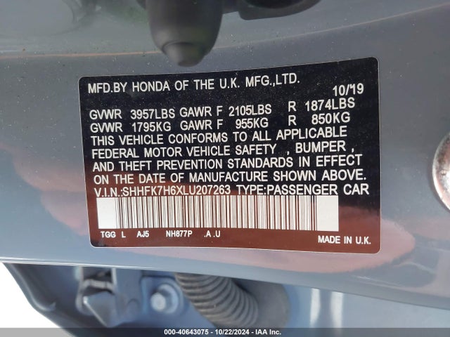 Honda CIVIC EX 2020 SHHFK7H6XLU207263 Image 9