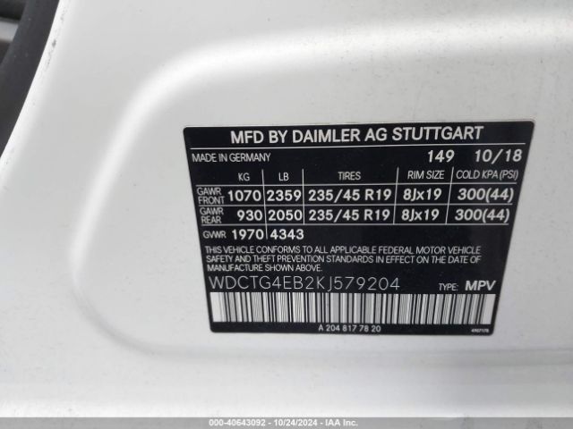 WDCTG4EB2KJ579204 Mercedes-Benz GLA 250