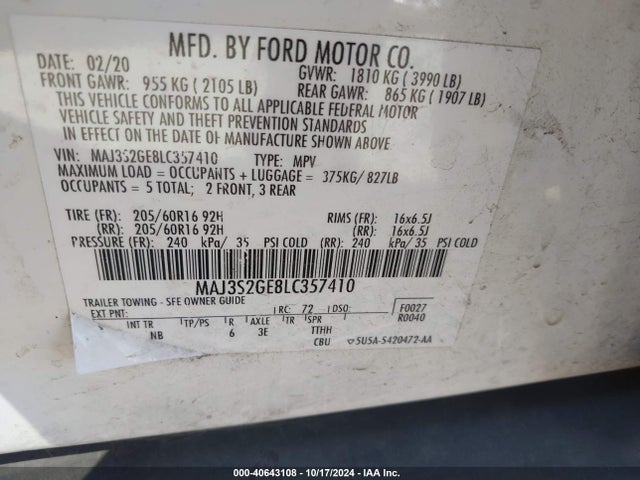 Aukcja sprzedaży 2020 Ford Ecosport Se, vin: MAJ3S2GE8LC357410, numer aukcji: 40643108