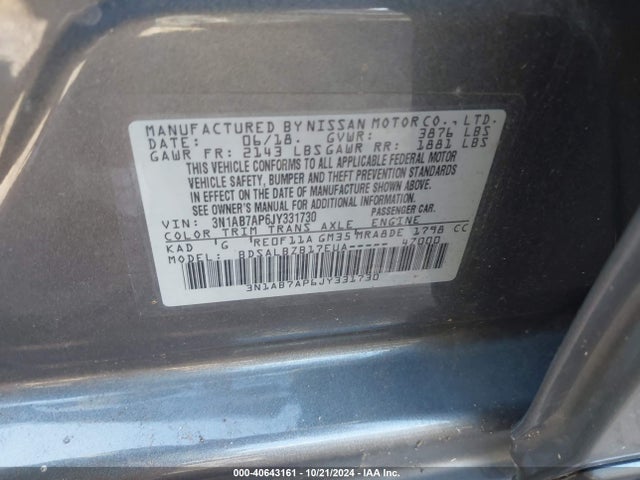 Nissan SENTRA S 2018 3N1AB7AP6JY331730 Image 9