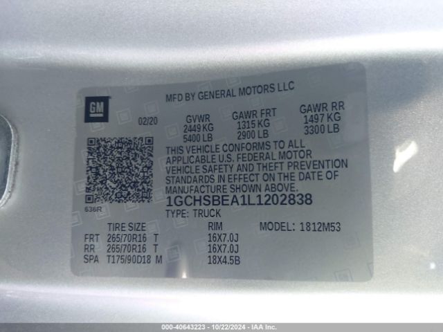 1GCHSBEA1L1202838 Chevrolet Colorado 2wd  Long Box Wt