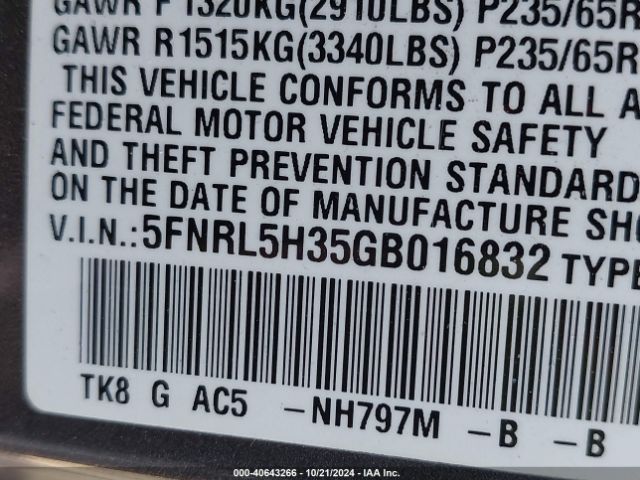 5FNRL5H35GB016832 Honda ODYSSEY SE