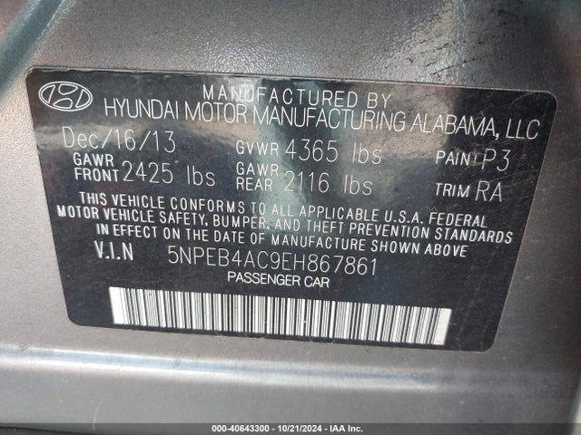 Hyundai SONATA GLS 2014 5NPEB4AC9EH867861 Image 9