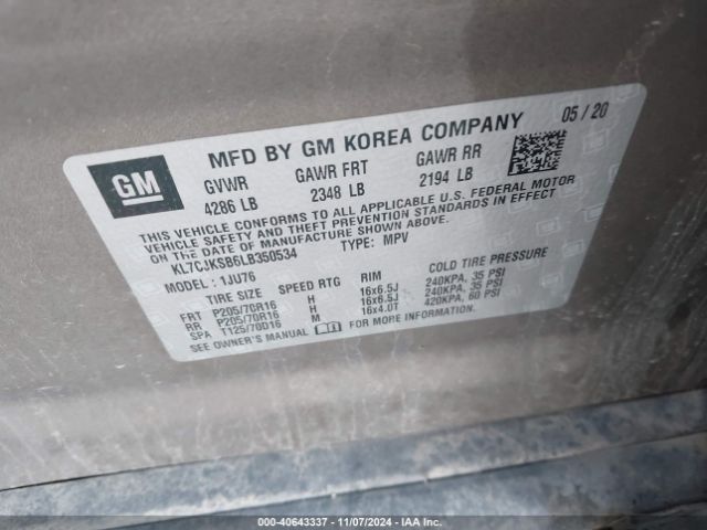 KL7CJKSB6LB350534 Chevrolet Trax Fwd Ls