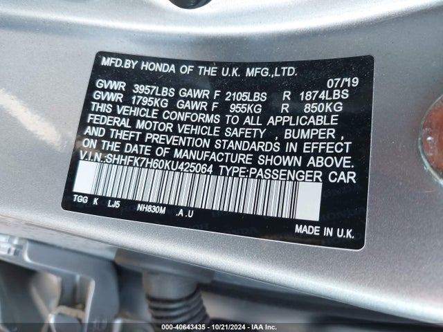 Honda CIVIC EX 2019 SHHFK7H60KU425064 Image 9