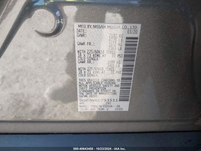 5N1AT2MV4LC793511 Nissan Rogue Sv Intelligent Awd