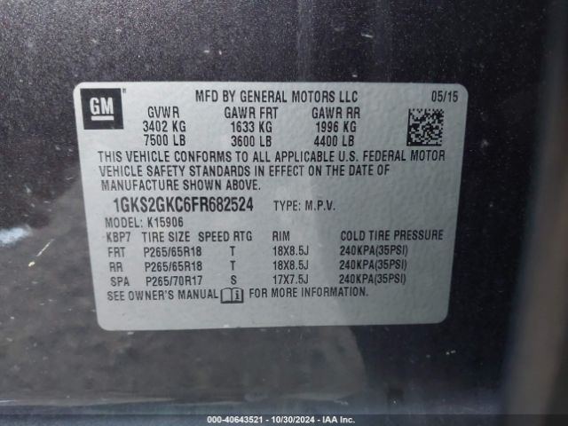 1GKS2GKC6FR682524 GMC Yukon Xl 1500 Sle