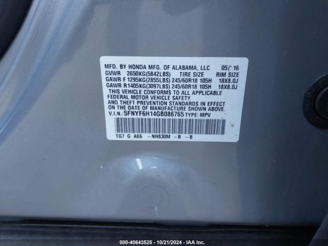 5FNYF6H14GB086765 Honda PILOT LX