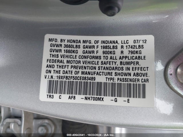2012 HONDA CIVIC SDN 19XFB2F50CE083489 Photo 8