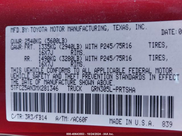 5TFCZ5AN3MX281346 Toyota Tacoma Sr V6