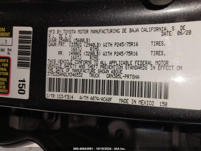 3TMCZ5AN2LM346532 Toyota Tacoma Sr V6
