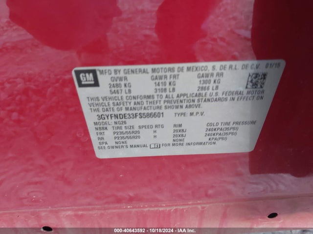 3GYFNDE33FS586601 Cadillac Srx Premium Collection
