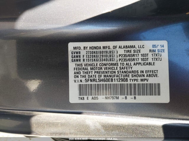 Honda Odyssey Ex-l 2014 5FNRL5H60EB112908 Image 9