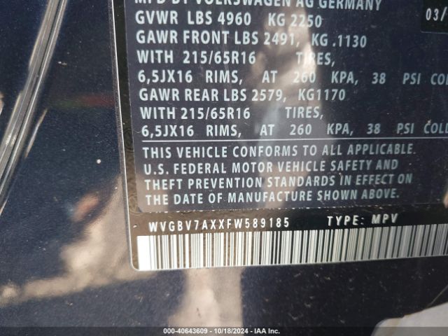 WVGBV7AXXFW589185 Volkswagen TIGUAN S