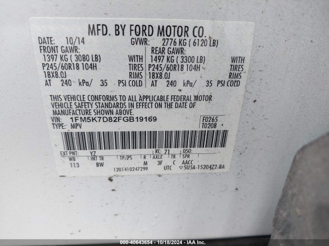 Ford EXPLORER XLT 2015 1FM5K7D82FGB19169 Image 9