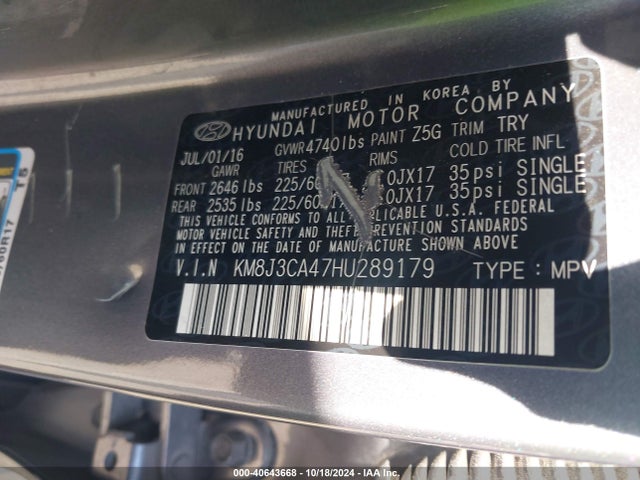 KM8J3CA47HU289179 Hyundai TUCSON SE