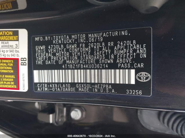 4T1BZ1FB4KU036214 Toyota AVALON LIMITED
