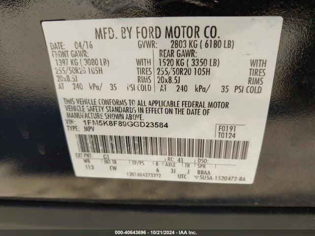 Ford Explorer Limited 2016 1FM5K8F89GGD23584 Image 9