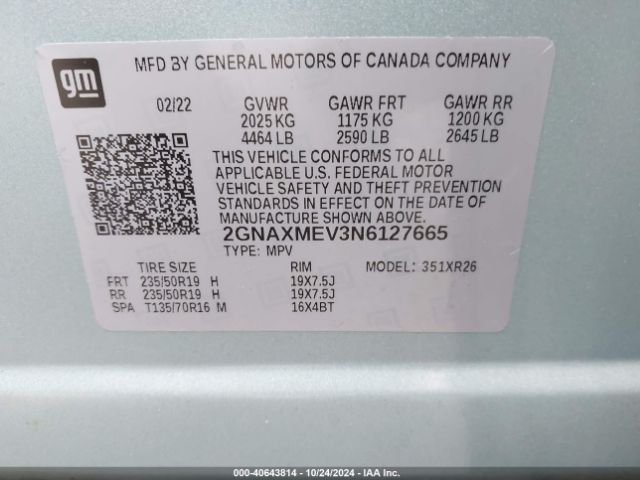 2GNAXMEV3N6127665 Chevrolet Equinox Fwd Rs