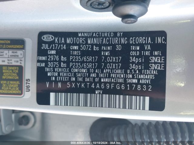 5XYKT4A69FG617832 KIA SORENTO LX