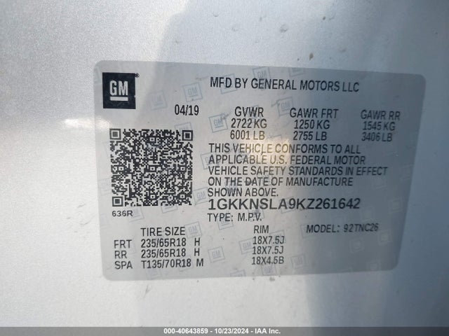 1GKKNSLA9KZ261642 GMC Acadia Sle-2