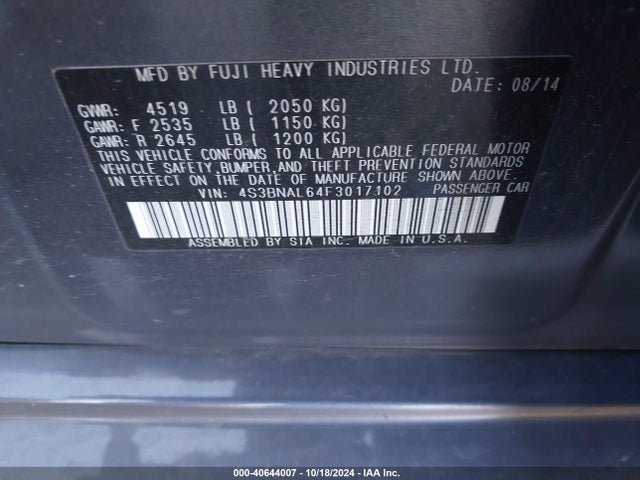 4S3BNAL64F3017102 Subaru Legacy 2.5i Limited