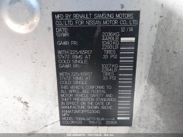 Nissan ROGUE SV 2015 KNMAT2MT3FP523041 Image 9