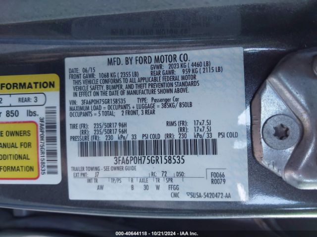 Ford FUSION SE 2016 3FA6P0H75GR158535 Image 9