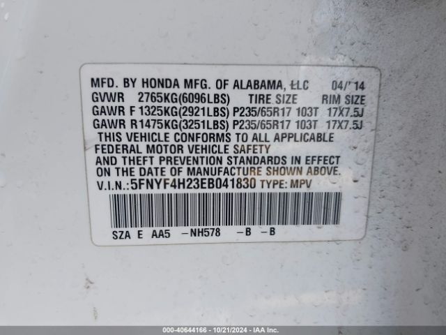 5FNYF4H23EB041830 Honda PILOT LX