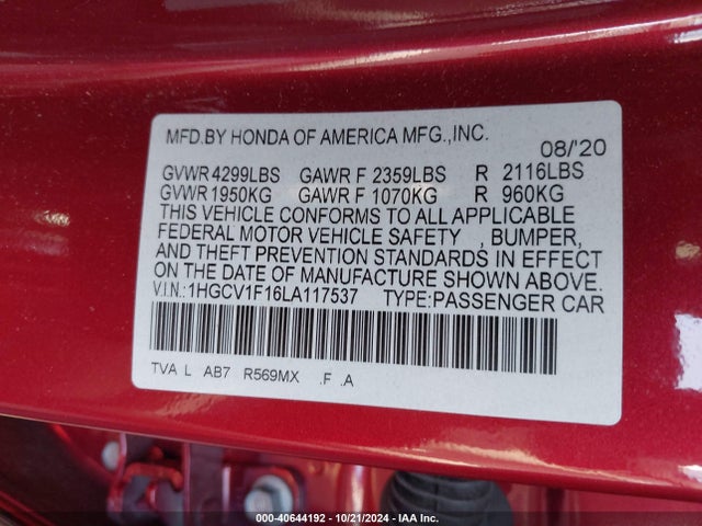 Honda ACCORD LX 2020 1HGCV1F16LA117537 Image 9