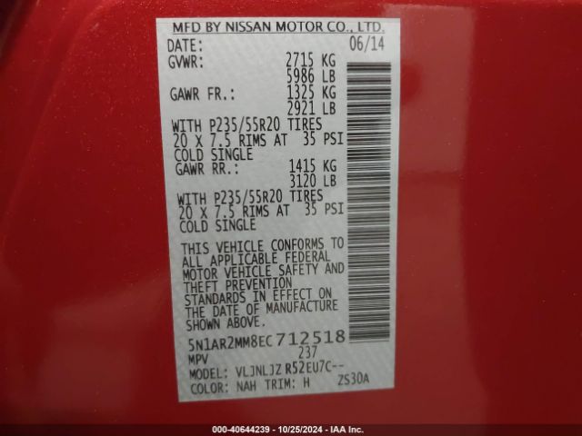 5N1AR2MM8EC712518 Nissan Pathfinder Platinum