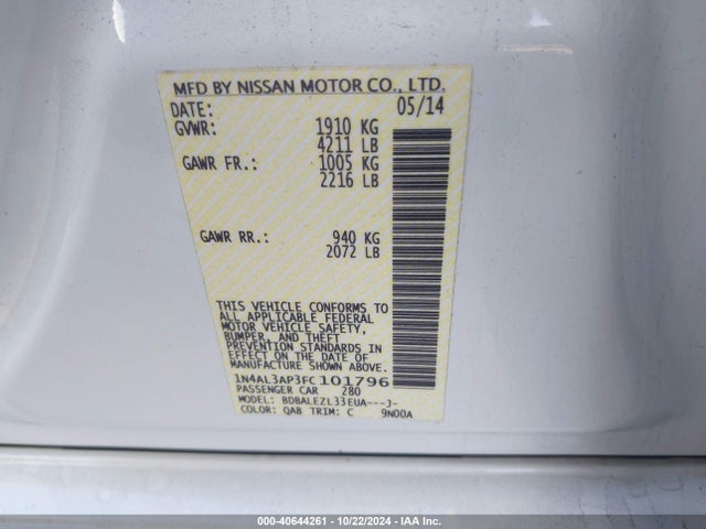 Nissan Altima 2.5 S 2015 1N4AL3AP3FC101796 Image 9