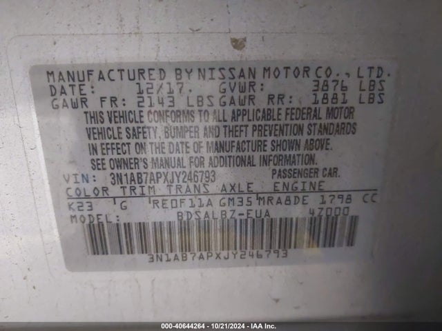 Nissan SENTRA S 2018 3N1AB7APXJY246793 Image 9