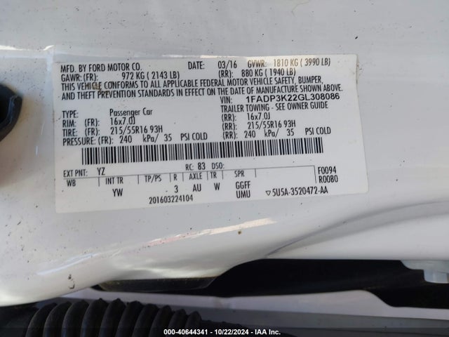 Ford FOCUS SE 2016 1FADP3K22GL308086 Image 9