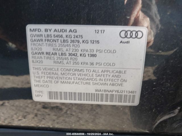 WA1BNAFY6J2113481 Audi Q5 2.0t Premium/2.0t Tech Premium