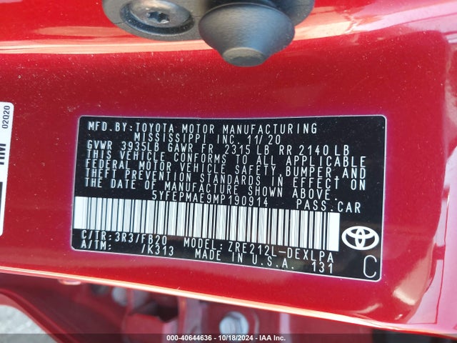 Toyota COROLLA LE 2021 5YFEPMAE9MP190914 Image 9