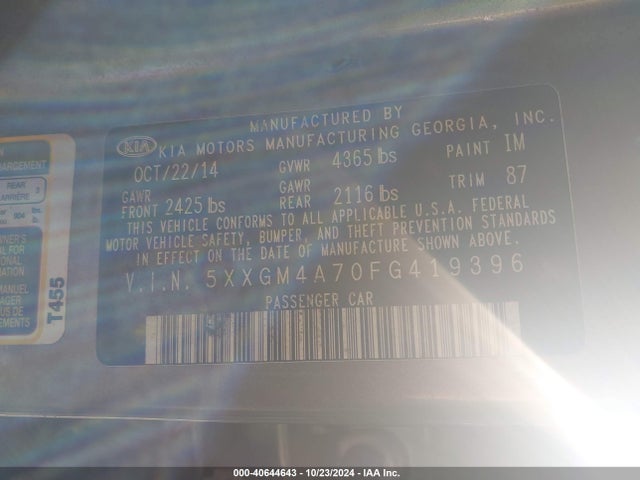 KIA Optima Lx 2015 5XXGM4A70FG419396 Image 9