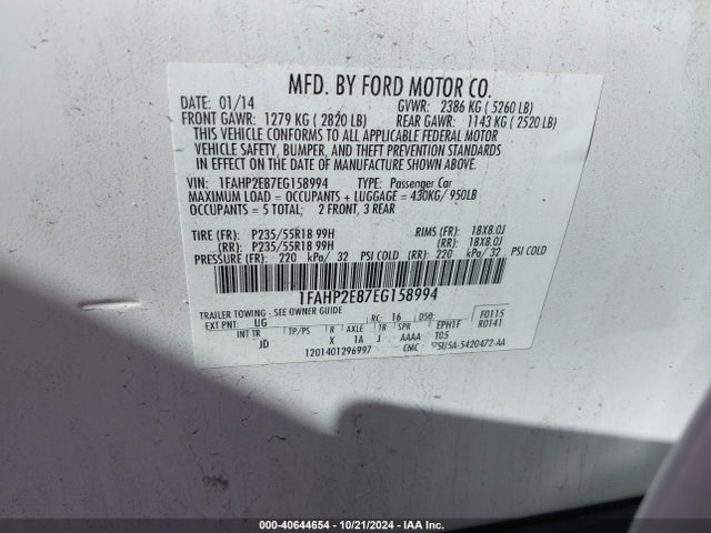 Ford TAURUS SEL 2014 1FAHP2E87EG158994 Image 9