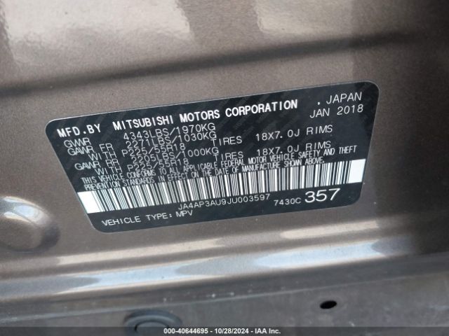 JA4AP3AU9JU003597 Mitsubishi Outlander Sport 2.0 Le