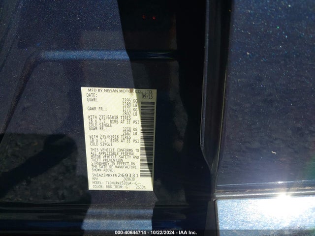Nissan MURANO SL 2015 5N1AZ2MHXFN269331 Image 9