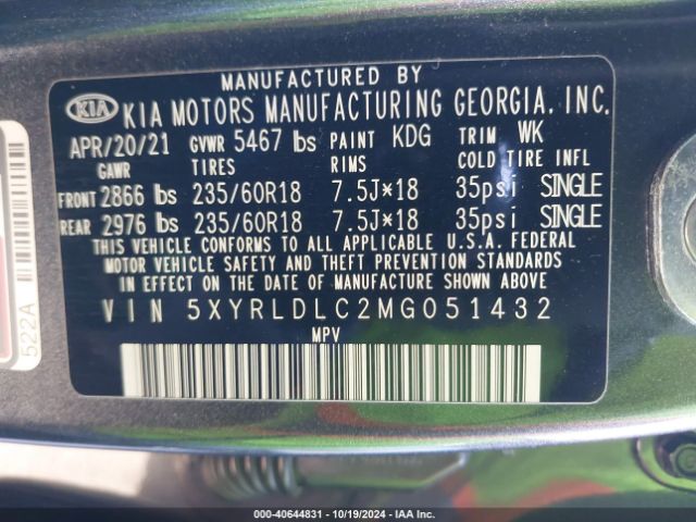 5XYRLDLC2MG051432 KIA SORENTO S