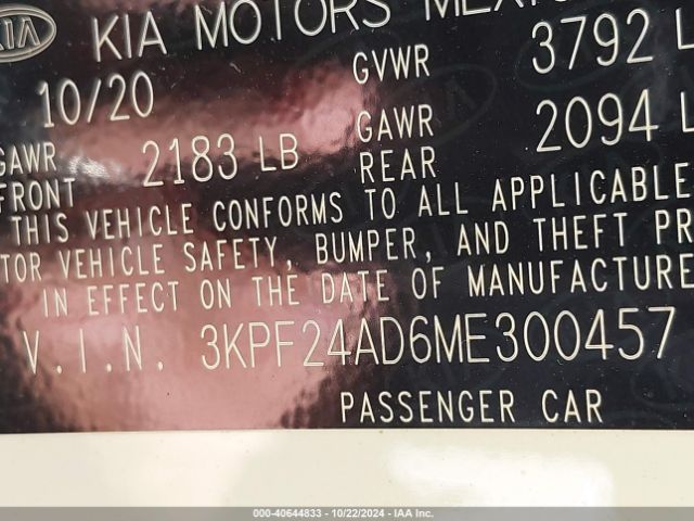 3KPF24AD6ME300457 KIA FORTE FE