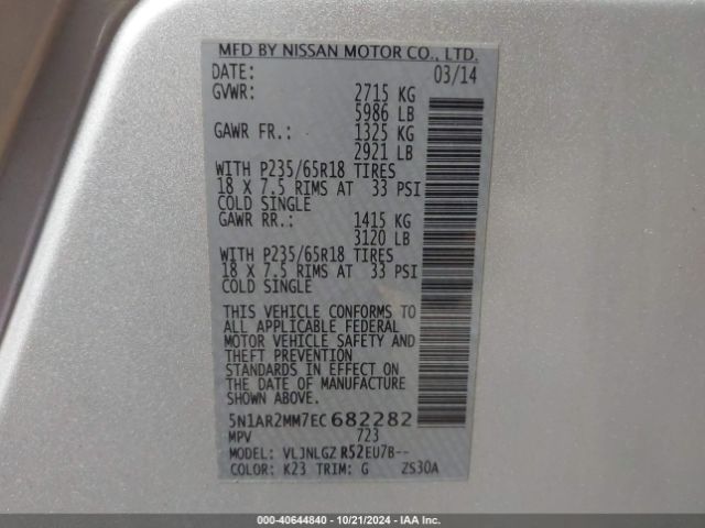 5N1AR2MM7EC682282 Nissan Pathfinder Sl