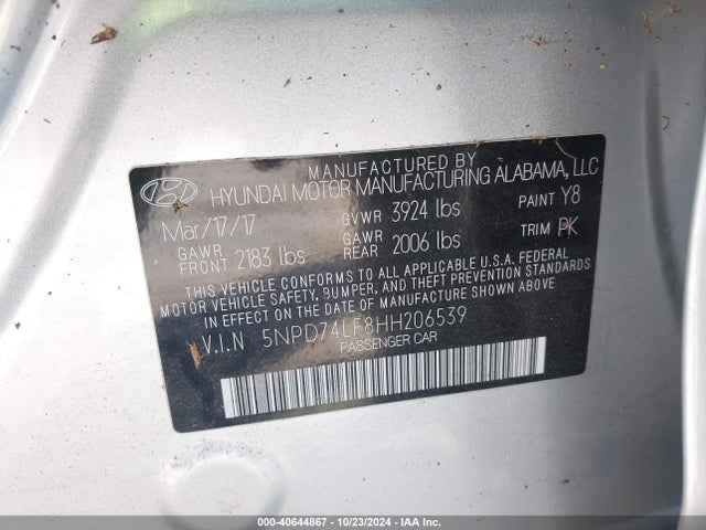 Hyundai ELANTRA SE 2017 5NPD74LF8HH206539 Image 9