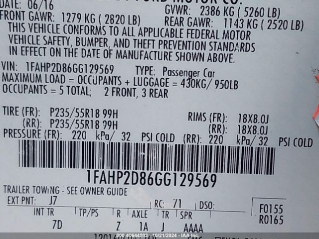 1FAHP2D86GG129569 Ford TAURUS SE