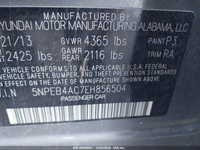 5NPEB4AC7EH856504 Hyundai SONATA GLS