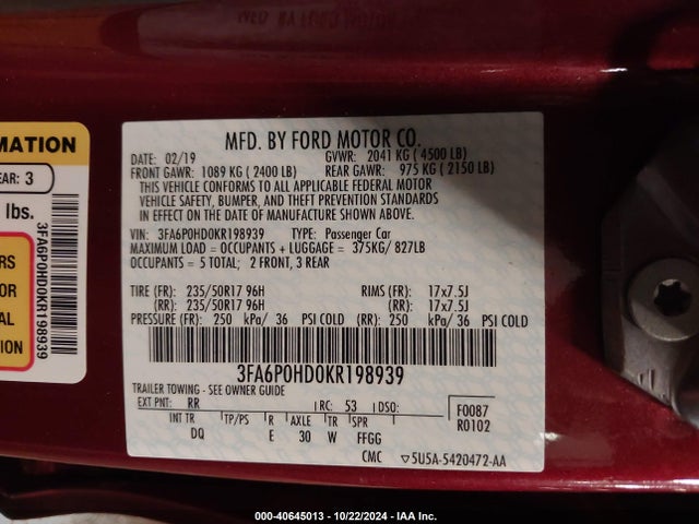 Ford FUSION SE 2019 3FA6P0HD0KR198939 Image 9