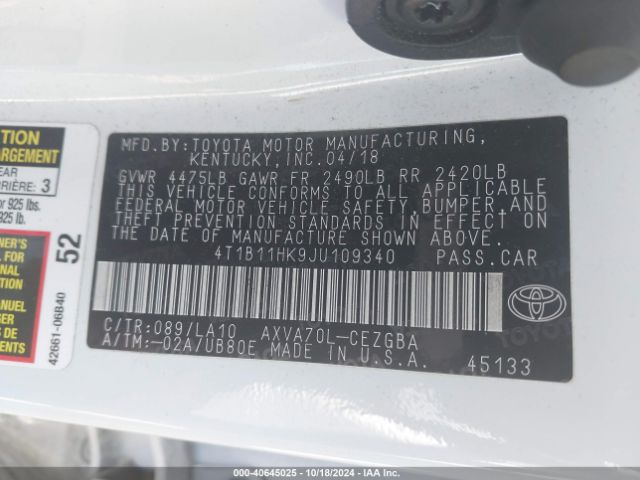 4T1B11HK9JU109340 Toyota CAMRY XLE