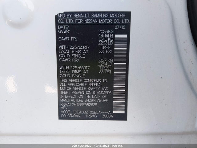 Nissan ROGUE SV 2015 KNMAT2MT5FP582625 Image 9
